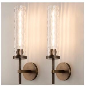 Pair of Modern Cylindrical Glass Wall Sconces - Antique Brass Finish